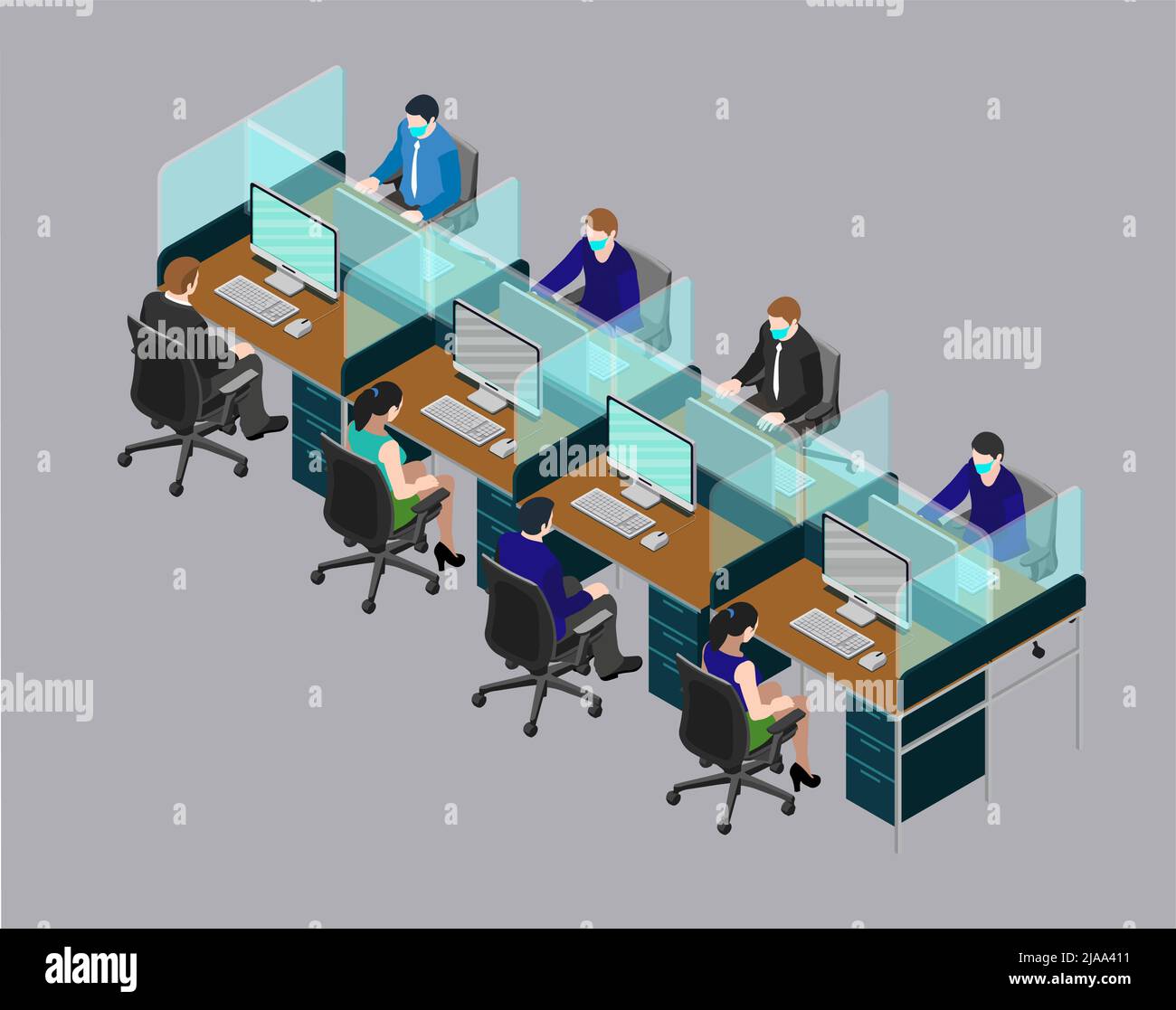 Acrylic partition frame for office workstation area. Social distancing for covid 19 situation. Glass partition design for office workstation. Stock Vector