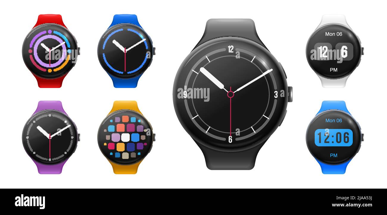 Circle smart watch realistic set with mechanical hands app icons date