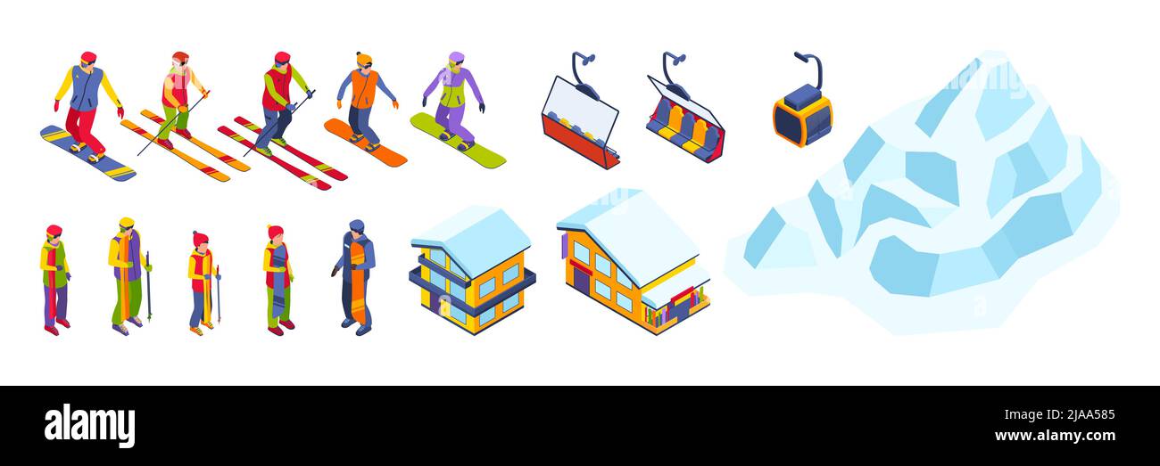 Ski resort isometric color set of people moving down from mountain on ...