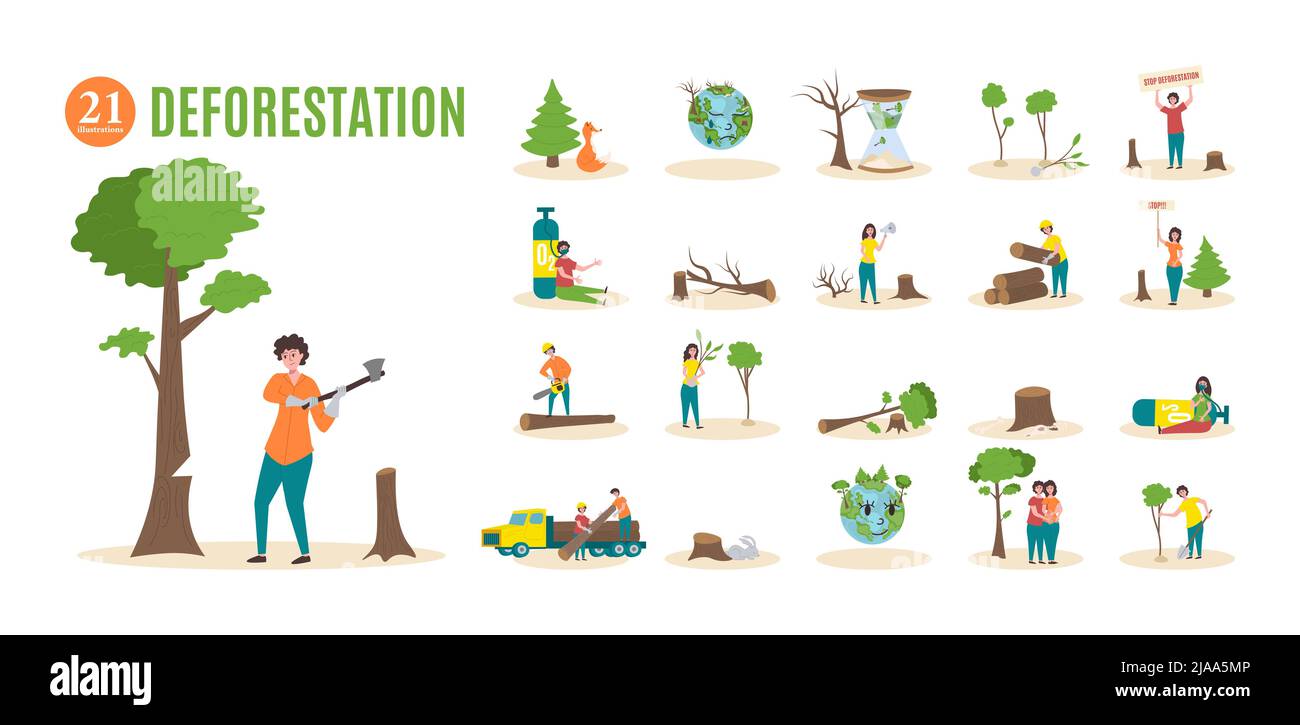 Deforestation composition set with environmental protection symbols flat isolated vector illustration Stock Vector
