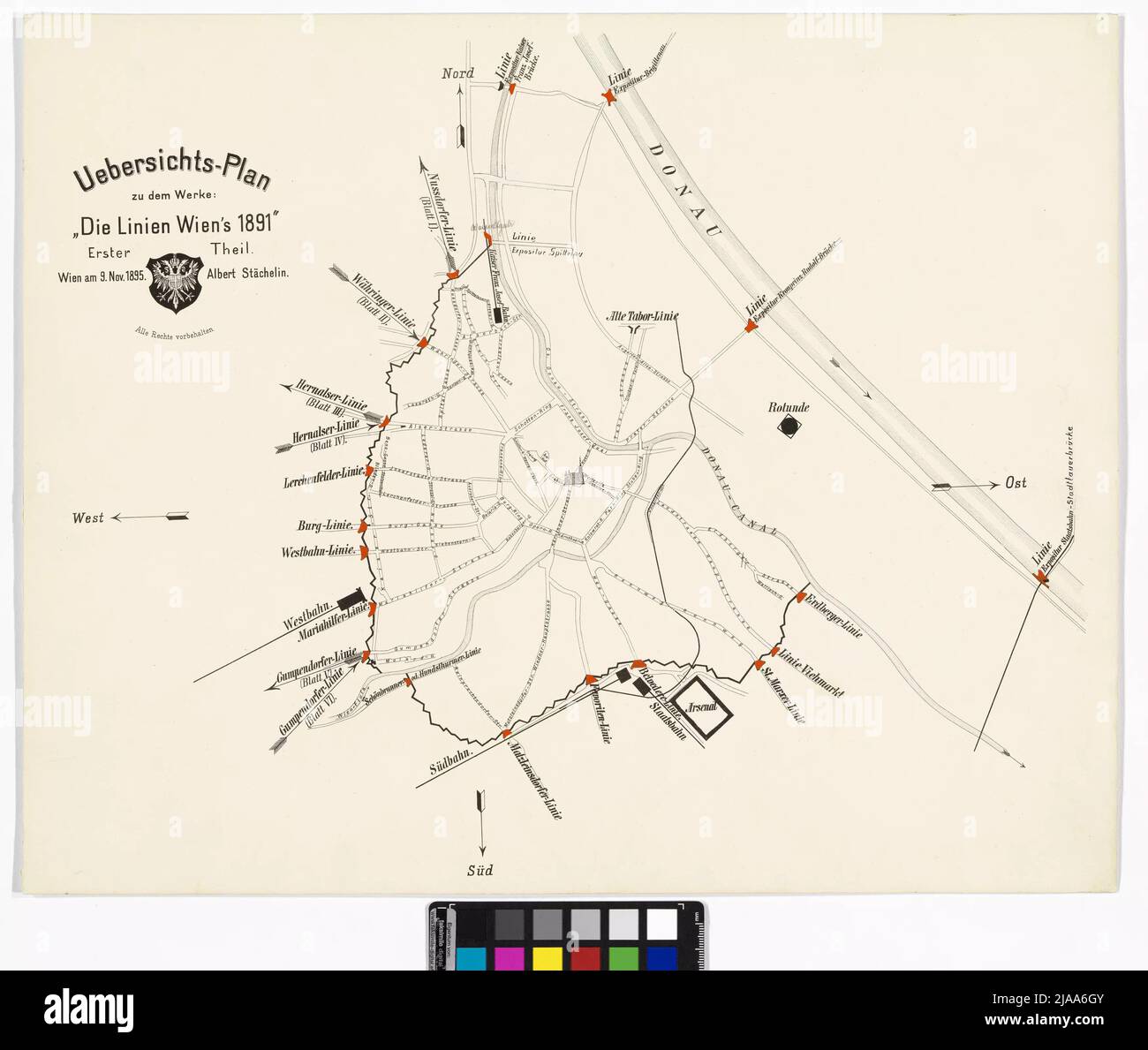 Overview plan for the view 'The Lines of Vienna 1891' by Albert Stächelin. Albert Stächelin, Cartographer Stock Photo