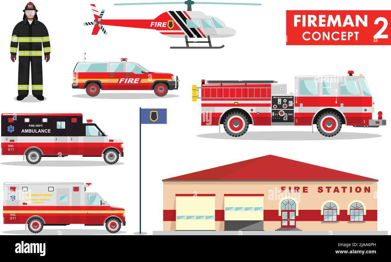 Detailed illustration of fireman, fire station building, firetruck and helicopter in flat style on white background in flat style on white background. Stock Vector