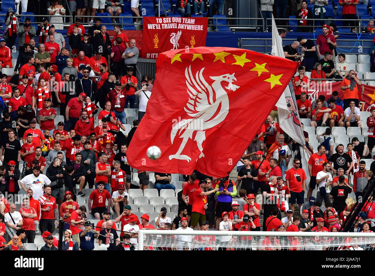 Paris, France. 28th May, 2022. Liverpool FC fans seen on the stands before the UEFA Champions League final between Liverpool and Real Madrid at the Stade de France in Paris. (Photo Credit: Gonzales Photo/Alamy Live News Stock Photo