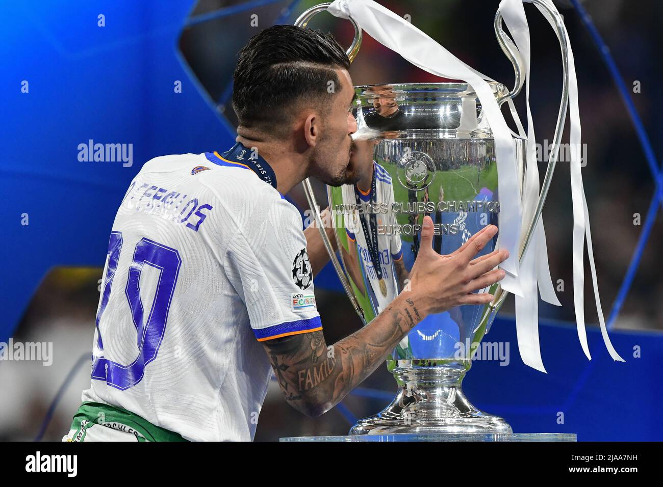 Paris, France. 28th May, 2022. Dani Ceballos of Real Madrid kisses the trophy as the winner of the UEFA Champions League final between Liverpool and Real Madrid at the Stade de France in Paris. (Photo Credit: Gonzales Photo/Alamy Live News Stock Photo