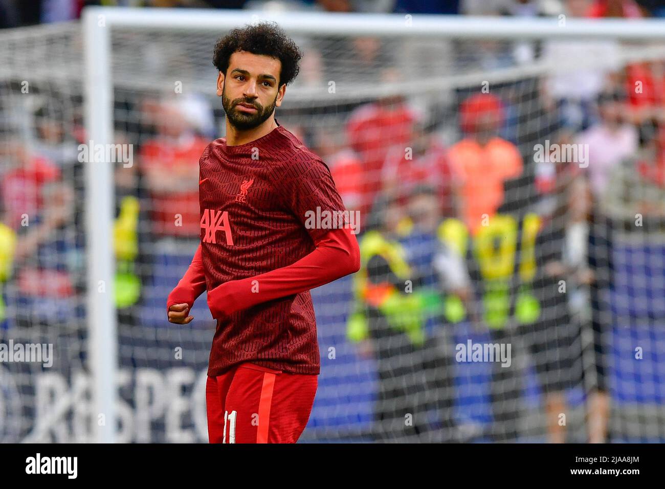 Paris, France. 28th May, 2022. Mohamed Salah of Liverpool is warming up before the UEFA Champions League final between Liverpool and Real Madrid at the Stade de France in Paris. (Photo Credit: Gonzales Photo/Alamy Live News Stock Photo