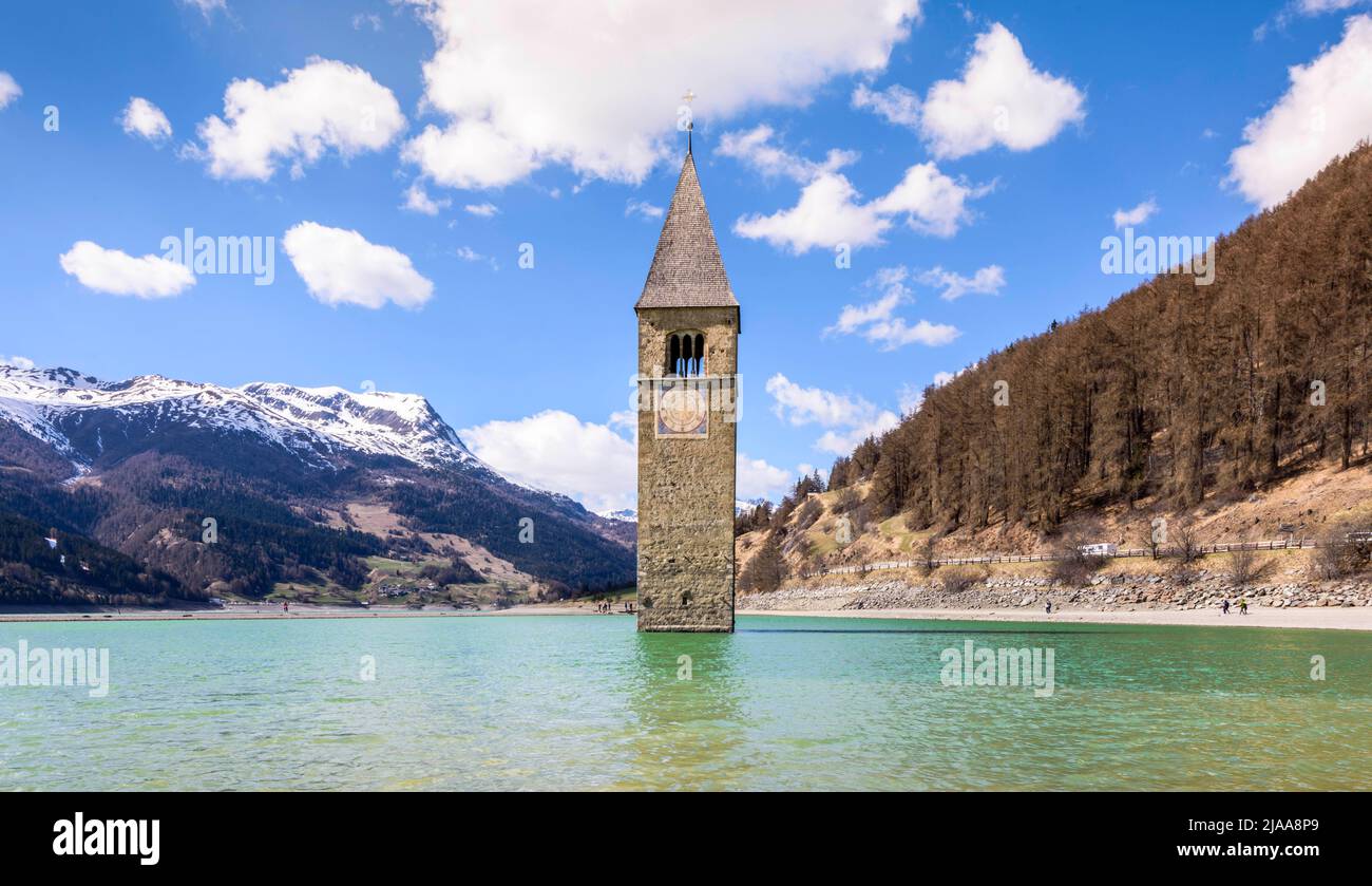 Lake Reschen with Churchtower, Vinschgau Valley, South Tyrol, Italy Stock Photo