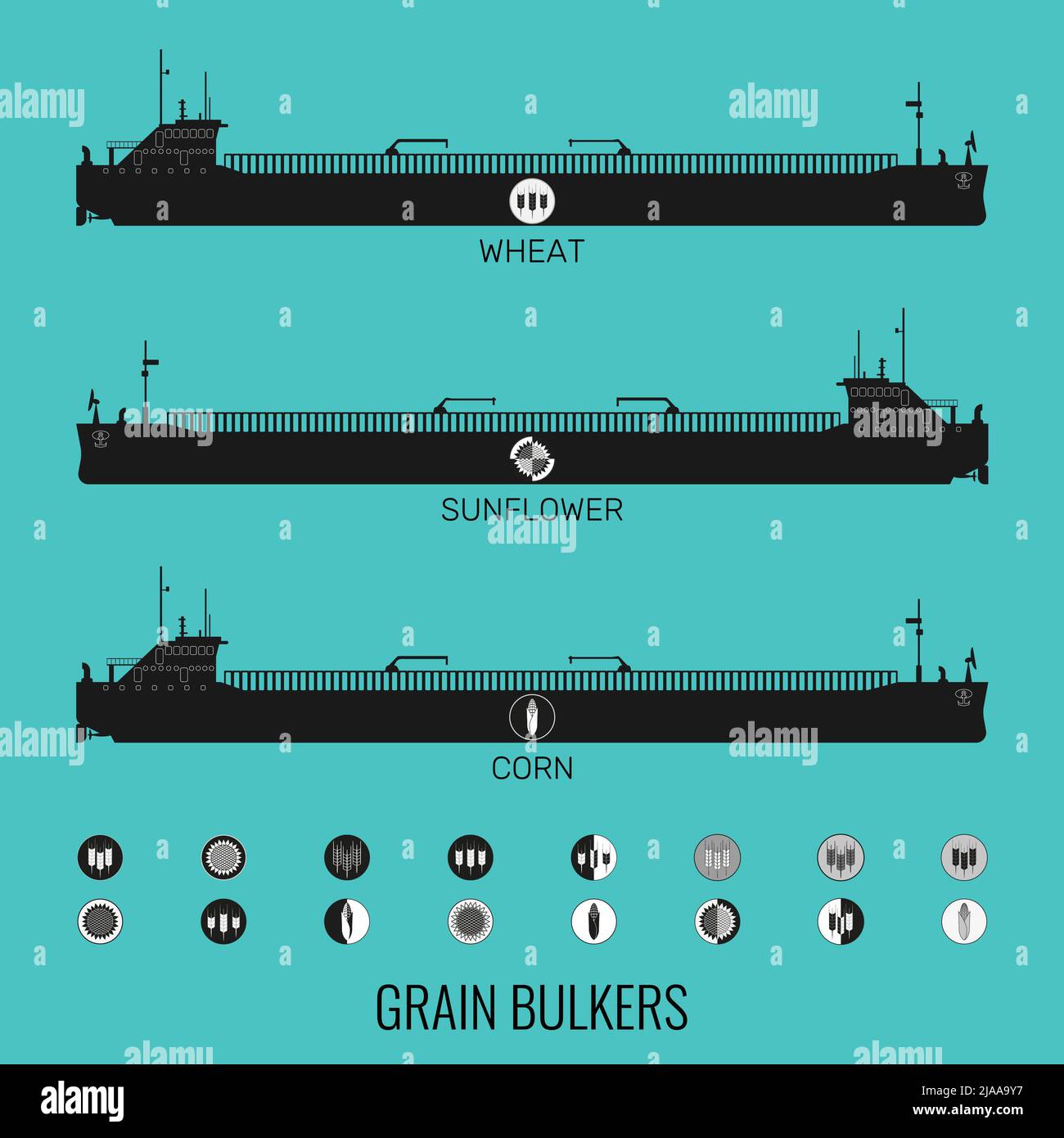 Icon set of bulk carriers for transportation of bulk cereals and icons ...