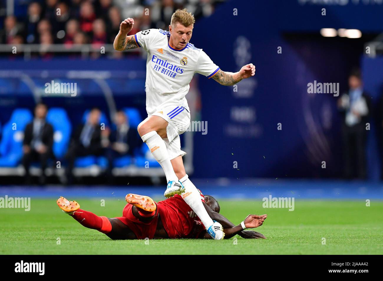 Paris, France. 28th May, 2022. Toni Kroos (8) of Real Madrid seen during the UEFA Champions League final between Liverpool and Real Madrid at the Stade de France in Paris. (Photo Credit: Gonzales Photo/Alamy Live News Stock Photo