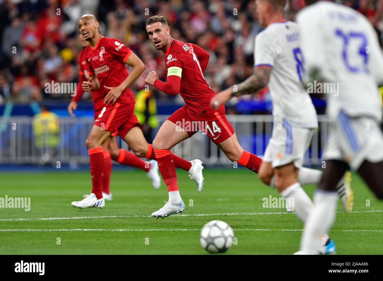 Paris, France. 28th May, 2022. Jordan Henderson (14) of Liverpool seen during the UEFA Champions League final between Liverpool and Real Madrid at the Stade de France in Paris. (Photo Credit: Gonzales Photo/Alamy Live News Stock Photo