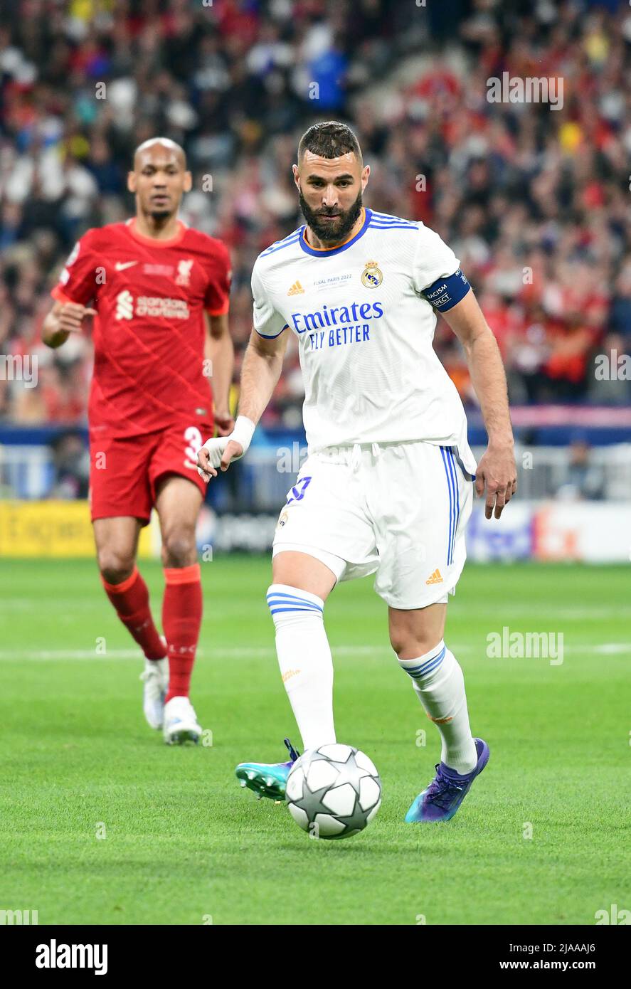 Paris, France. 28th May, 2022. Karim Benzema (9) of Real Madrid seen during the UEFA Champions League final between Liverpool and Real Madrid at the Stade de France in Paris. (Photo Credit: Gonzales Photo/Alamy Live News Stock Photo