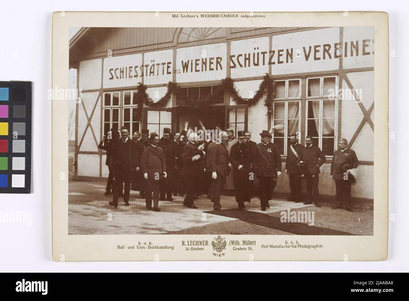 Anniversary shooting of the Vienna shooting club on the occasion of its  40th anniversary, March 21 to 28, 1909 (Emperor Franz Joseph in front of  the shooting range). Verlag or k. u. k.