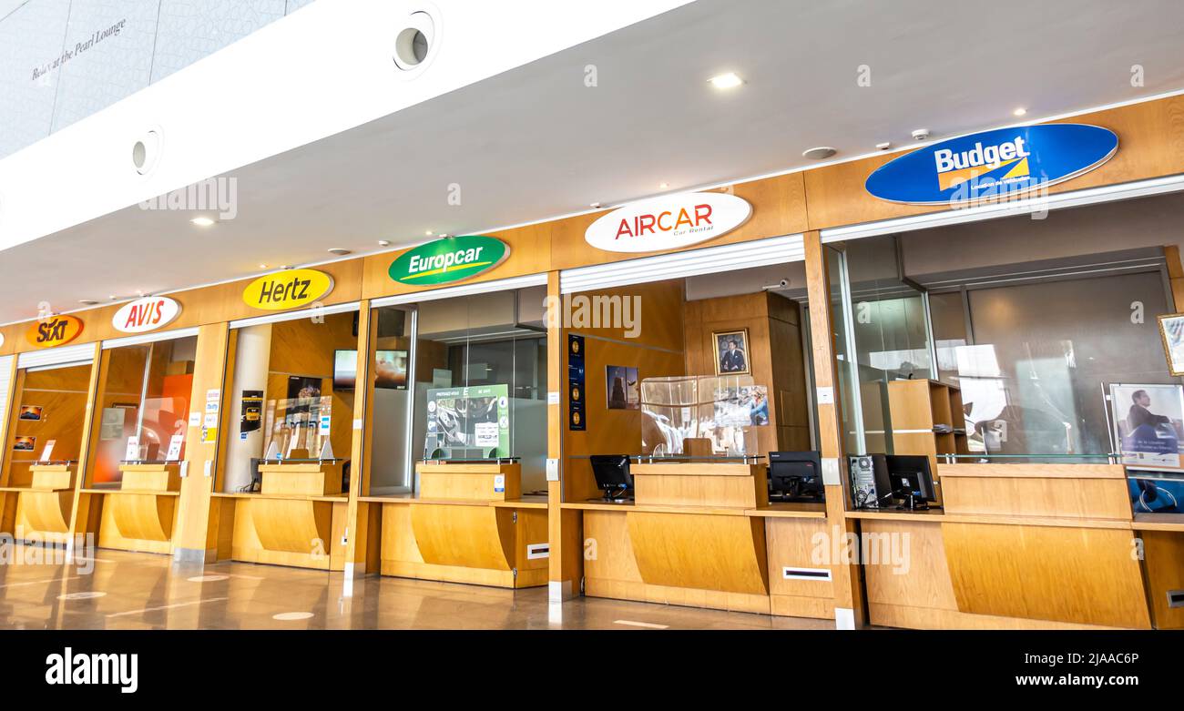 Car rental services stands boothes, various international brands, Rabat Sale Airport, Morocco Stock Photo