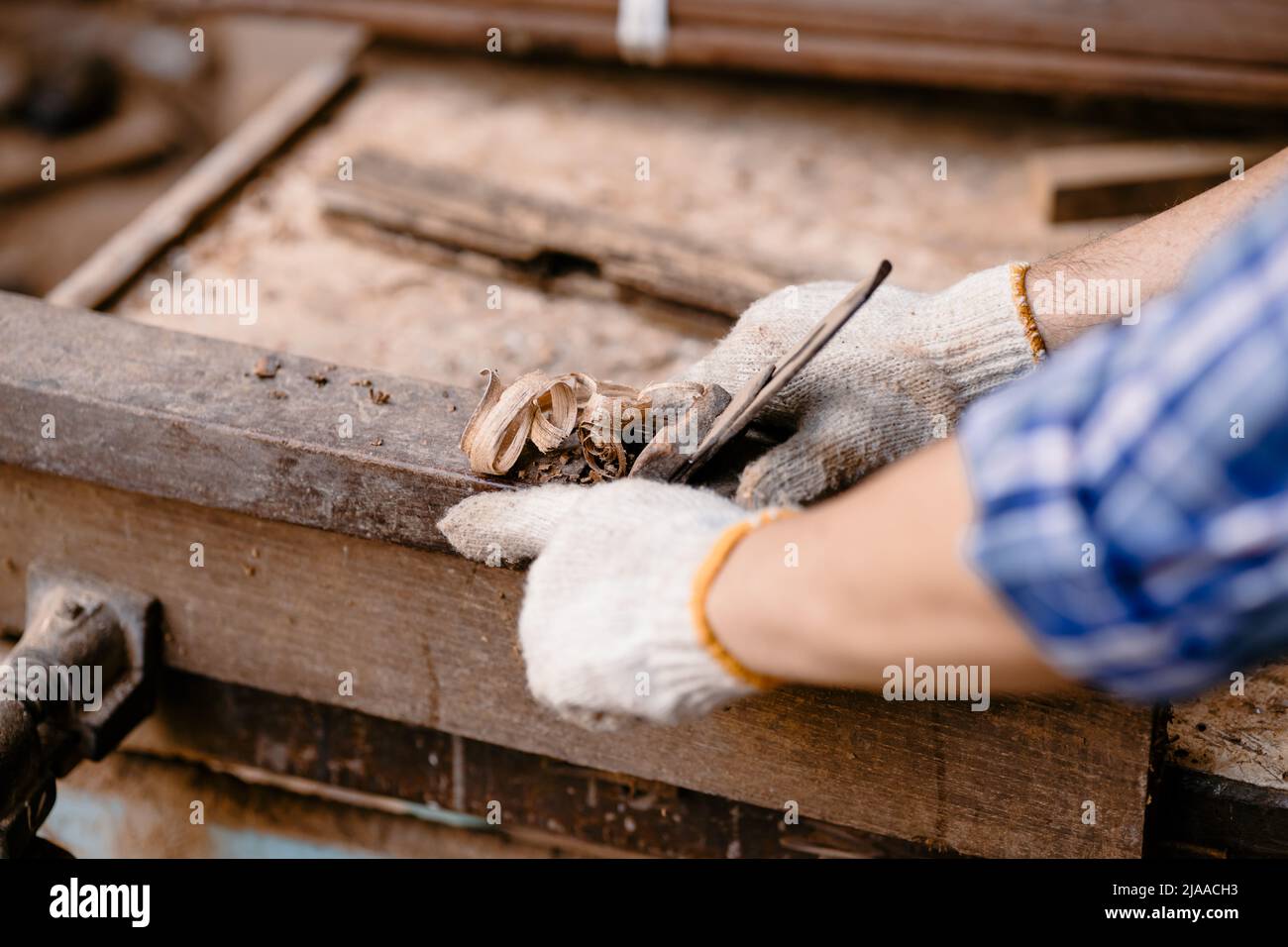 closeup male wood worker hand sliced shave wood timber with wood