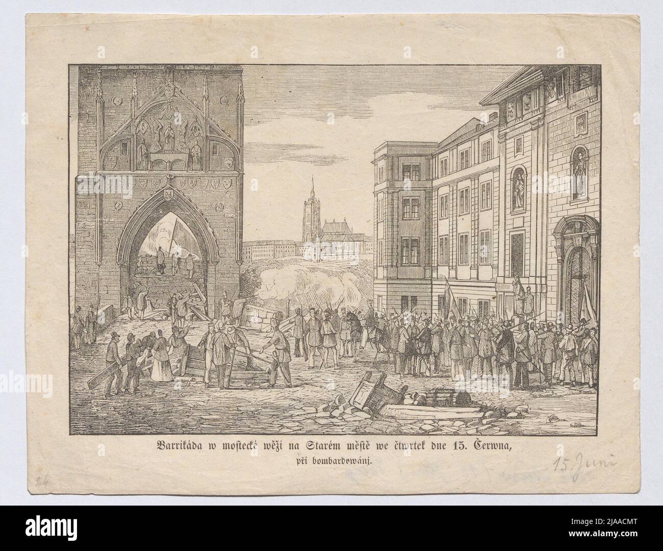 The barricade at the Altstädter Brückenturm in Prague on June 15, 1848. Unknown Stock Photo