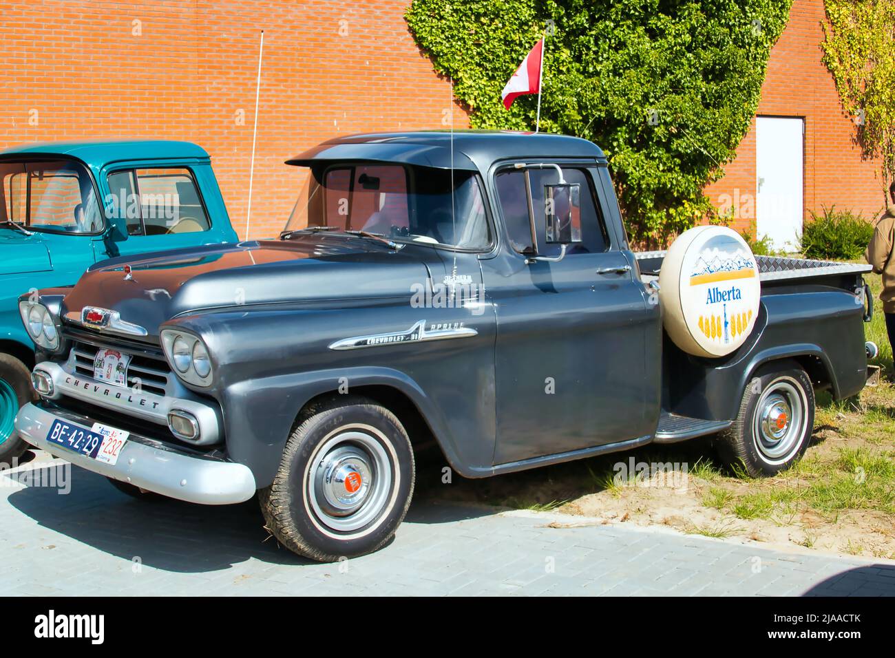 Beautifully restored vintage pick up truck Chevrolet Apache from the 1950’s at a classic car show in Uithuizen, Groningen, the Netherlands Stock Photo