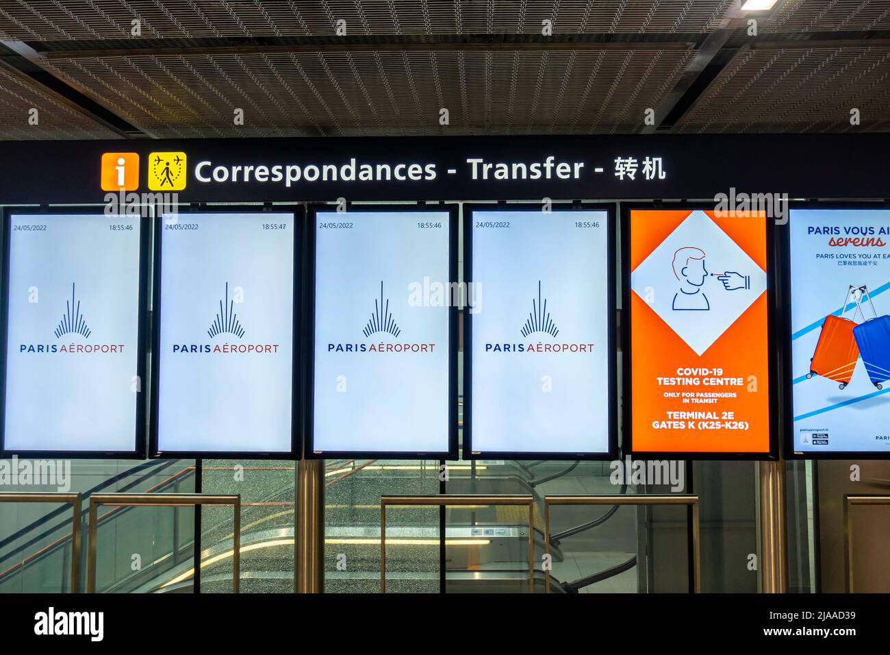 Paris Airport logos and info at Transfers - connected flights - in French, English, Chinese, Paris  Airport, CDG, France Stock Photo