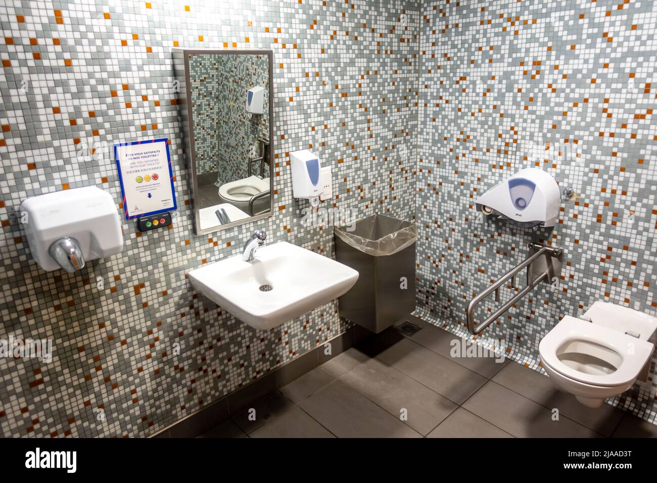 Toilet room equipped for disabled disability handicapped passengers. Public convenience and restrooms in Paris  CDG Airport, France Stock Photo