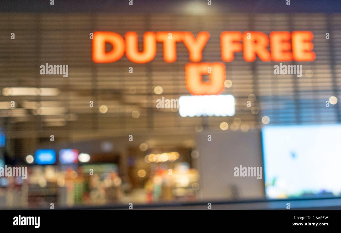 Blurred dutyfree, Duty free sign inside the airport Stock Photo
