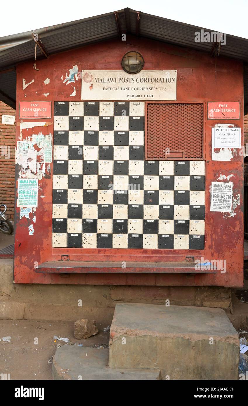 Malawi, Lilongwe, small market post office, PO Boxes, checkerboard chessboard pattern / Postamt, Postschließfächer Stock Photo