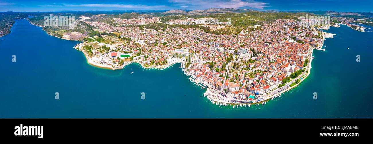 Town of Sibenik waterfront aerial panoramic view, UNESCO world heritage site in Dalmatia region of Croatia Stock Photo