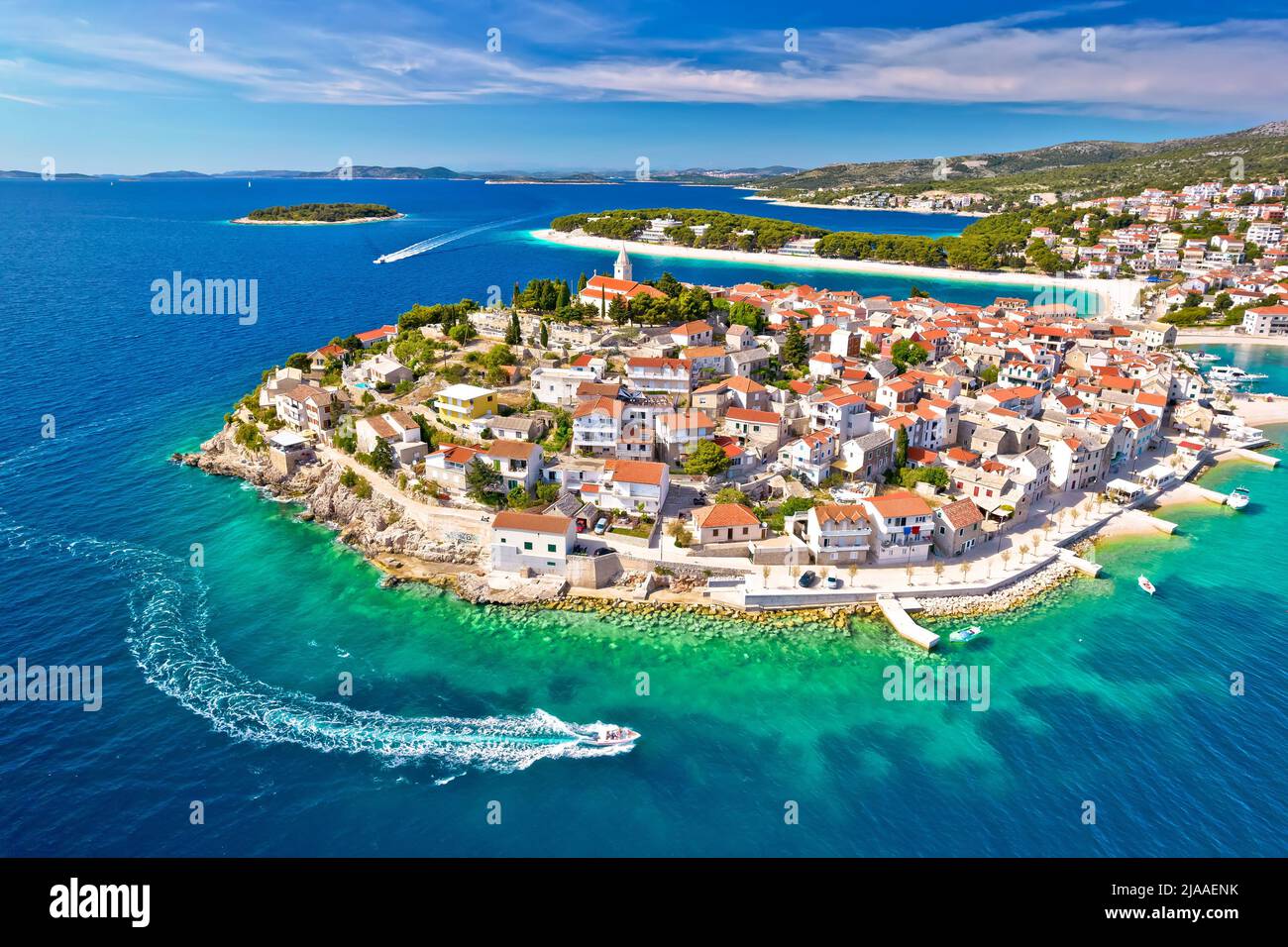 Adriatic tourist town of Primosten aerial panoramic archipelago view, Adriatic sea, Dalmatia region of Croatia Stock Photo