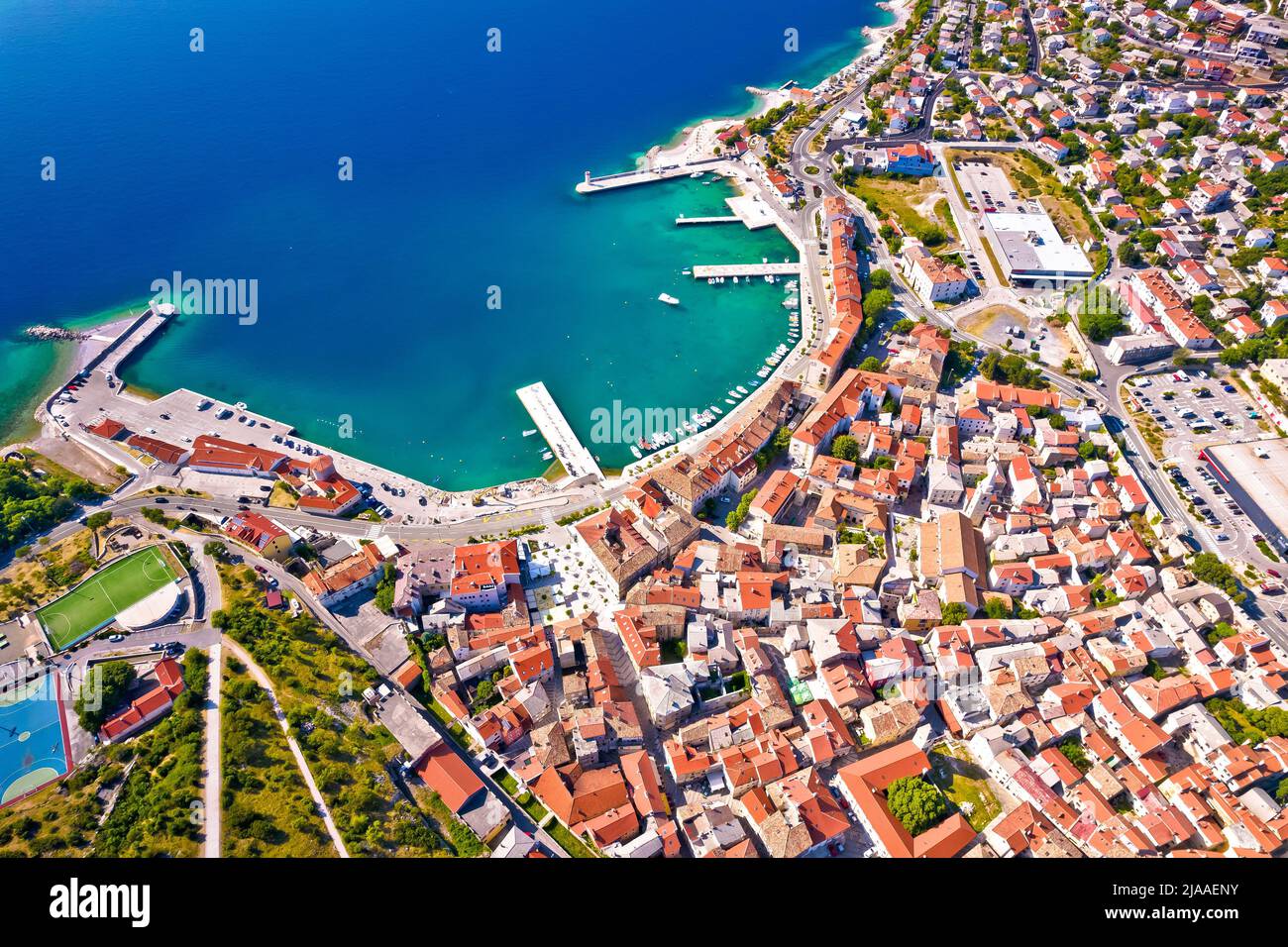 Town of Senj waterfront aerial view, Adriatic sea, Primorje region of Croatia Stock Photo