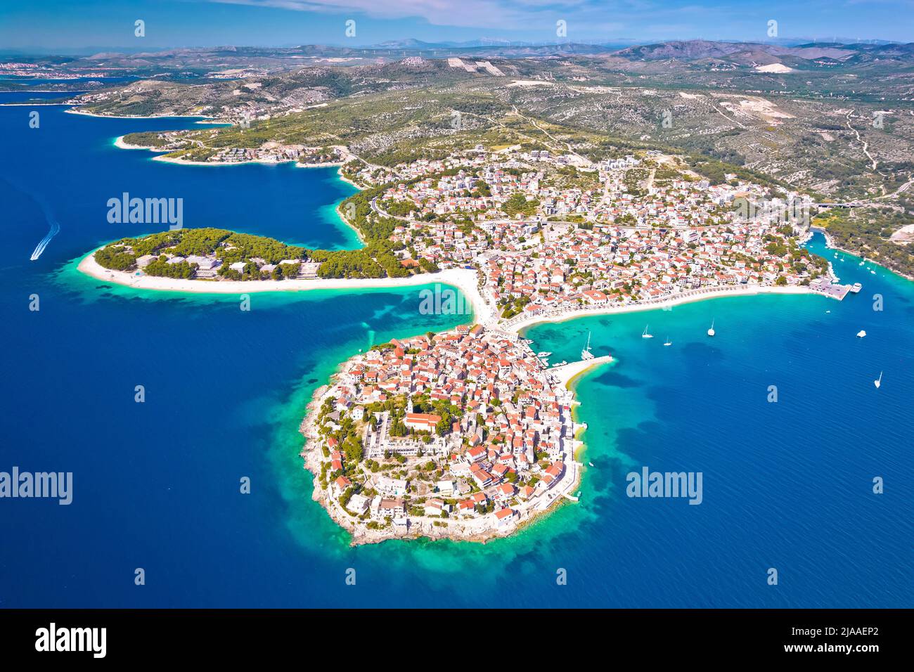 Adriatic tourist town of Primosten aerial panoramic archipelago view, Adriatic sea, Dalmatia region of Croatia Stock Photo