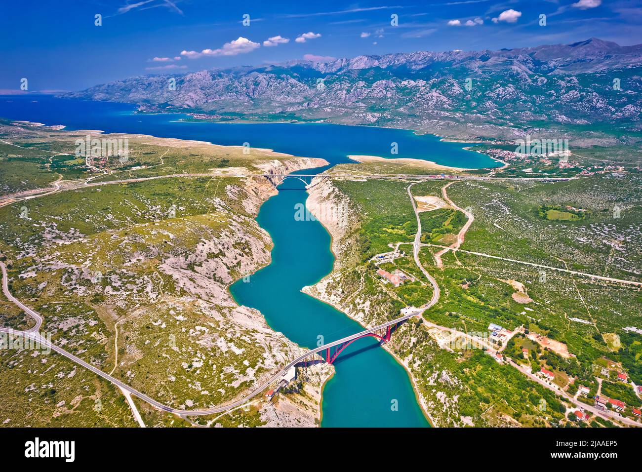 Bridges of Maslenica and Velebit mountain aerial view, Dalmatia region of Croatia Stock Photo