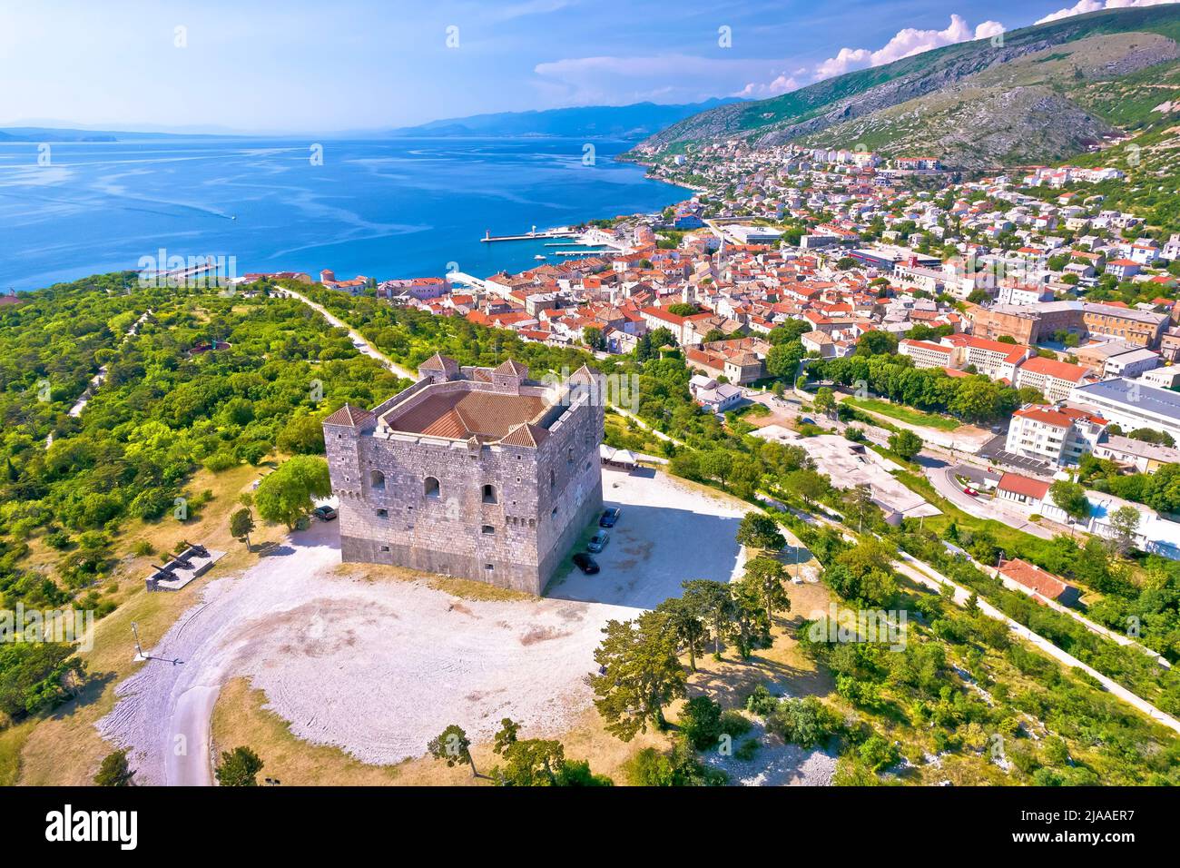 Town of Senj and Nehaj fortress aerial view, Adriatic sea, Primorje region of Croatia Stock Photo