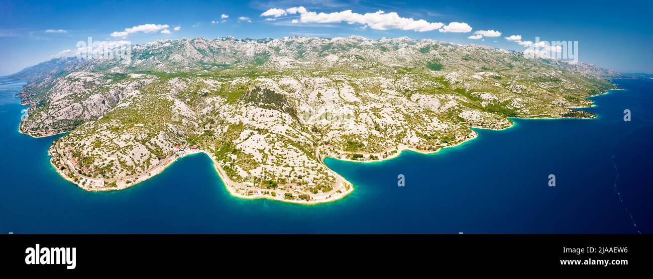 Velebit mountain aerial panoramic view near village of Tribanj, scenic Adriatic sea coastline of Croatia Stock Photo