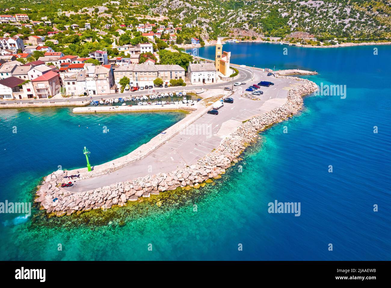 Aerial panoramic view of Karlobag waterfront and turquoise sea, Primorje and Lika coastal region of Croatia Stock Photo