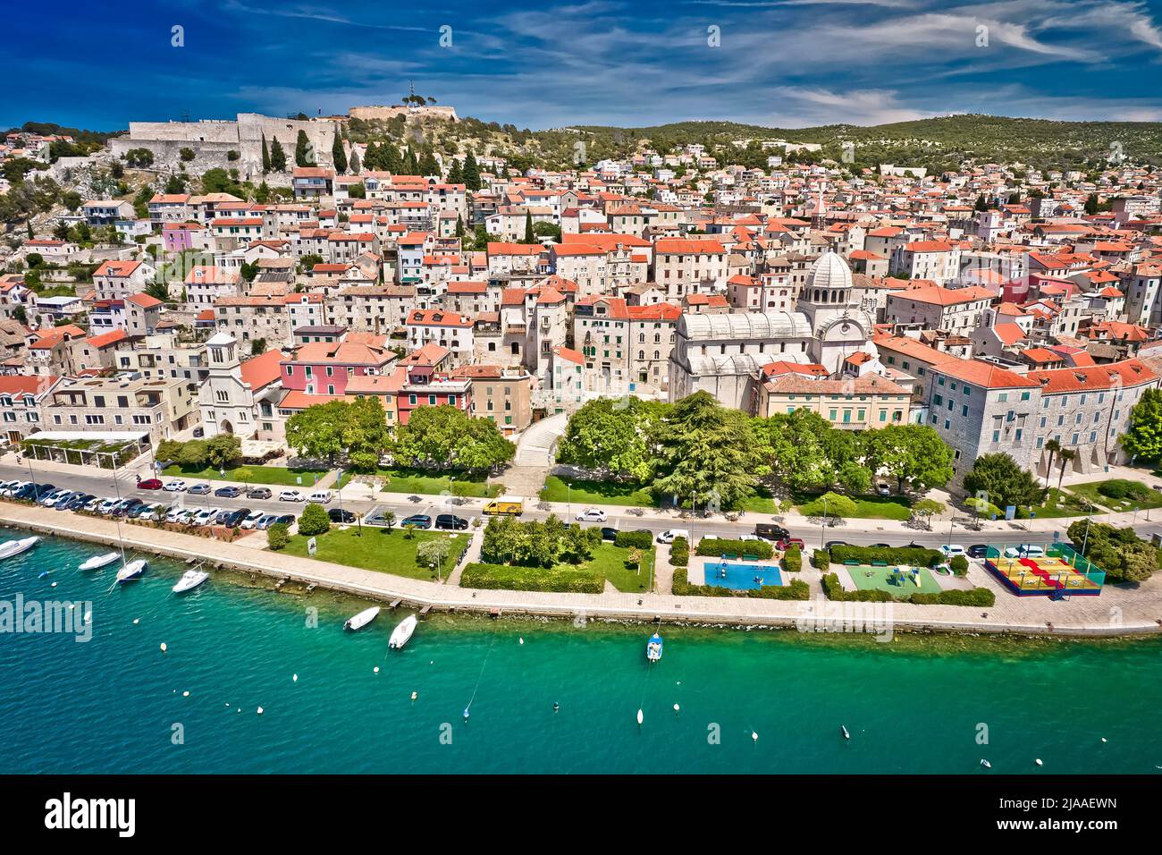 Sibenik waterfront and st. James cathedral aerial view, UNESCO world heritage site in Dalmatia region of Croatia Stock Photo