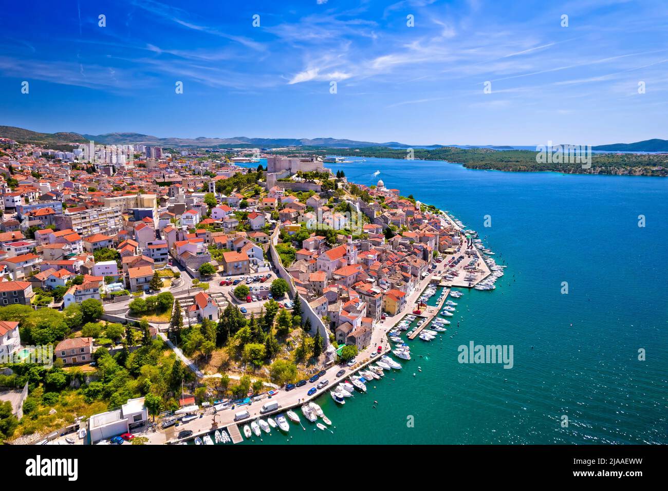 Sibenik waterfront and historic architecture aerial view, Dalmatia region of Croatia Stock Photo
