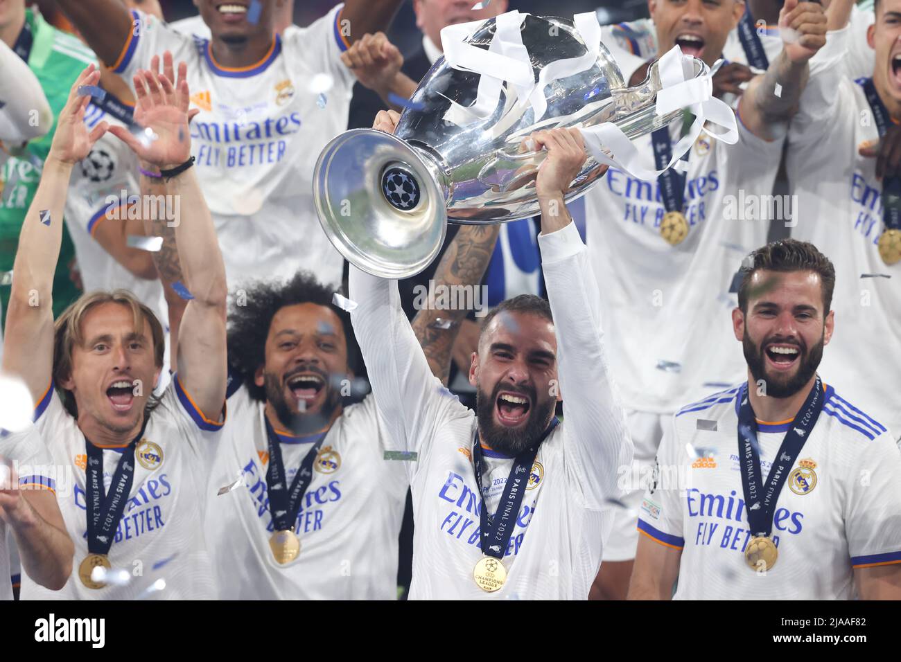 Paris, France. 28th May, 2022. Daniel Carvajal of Real Madrid lifts the ...