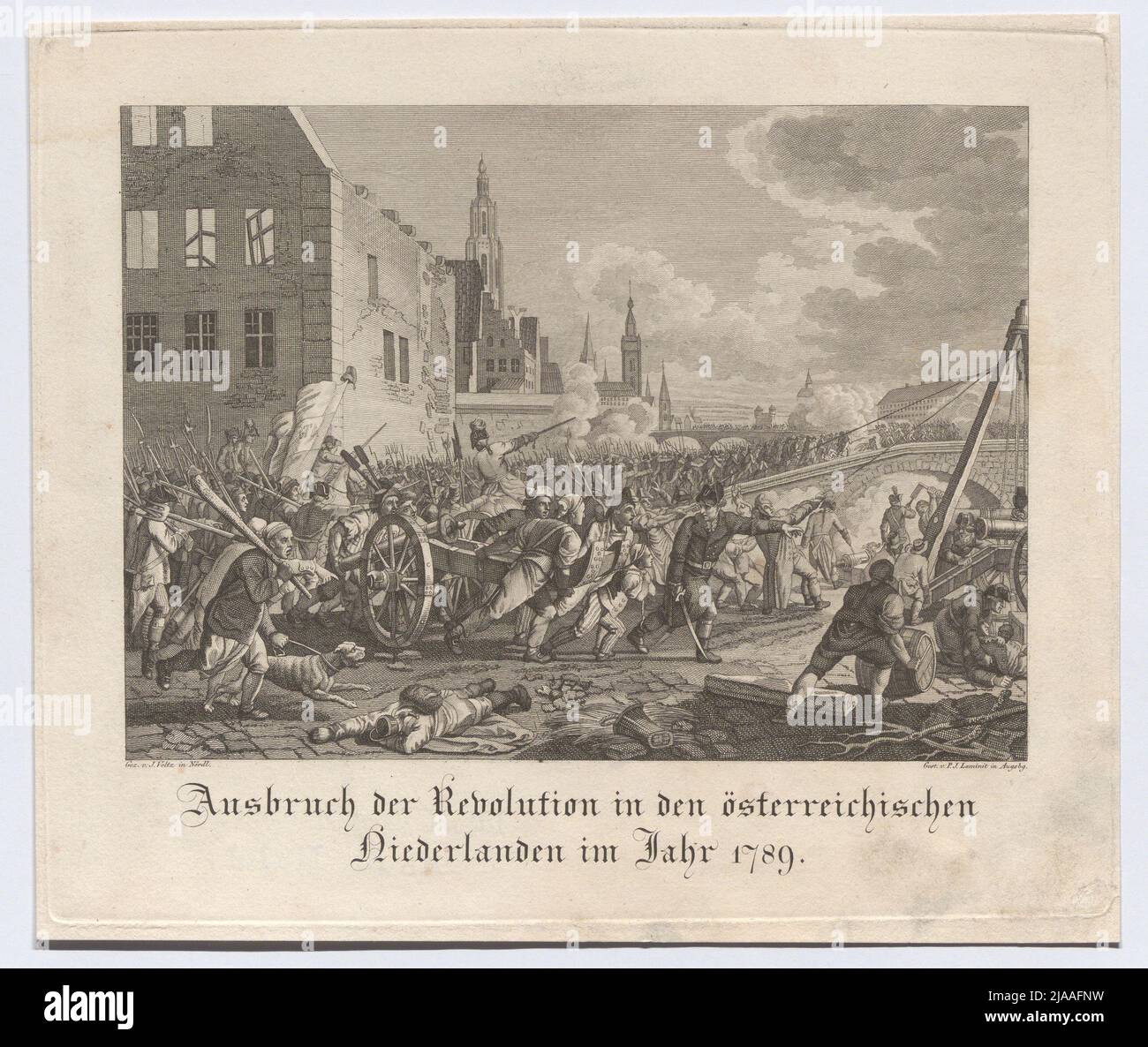 Outbreak of the revolution in the Austrian Netherlands in 1789. After: Johann Michael Voltz (1784-1858), Drawer, Paul Jakob Laminit (1773-1831), Copper Engraver Stock Photo