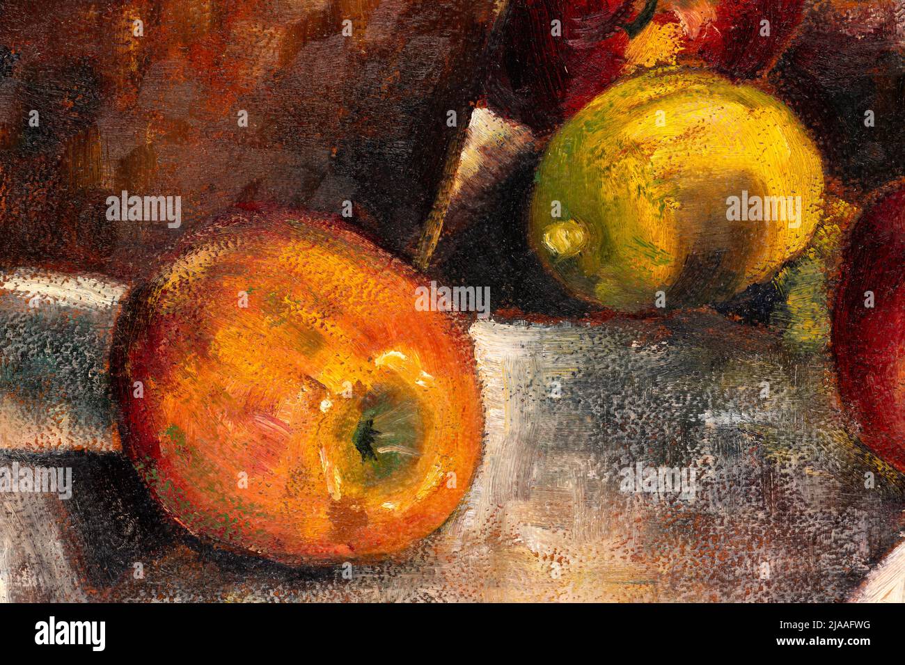 Macro shot of still life painting of  apples and lemons. Large brush strokes oil painting detailed texture. Stock Photo