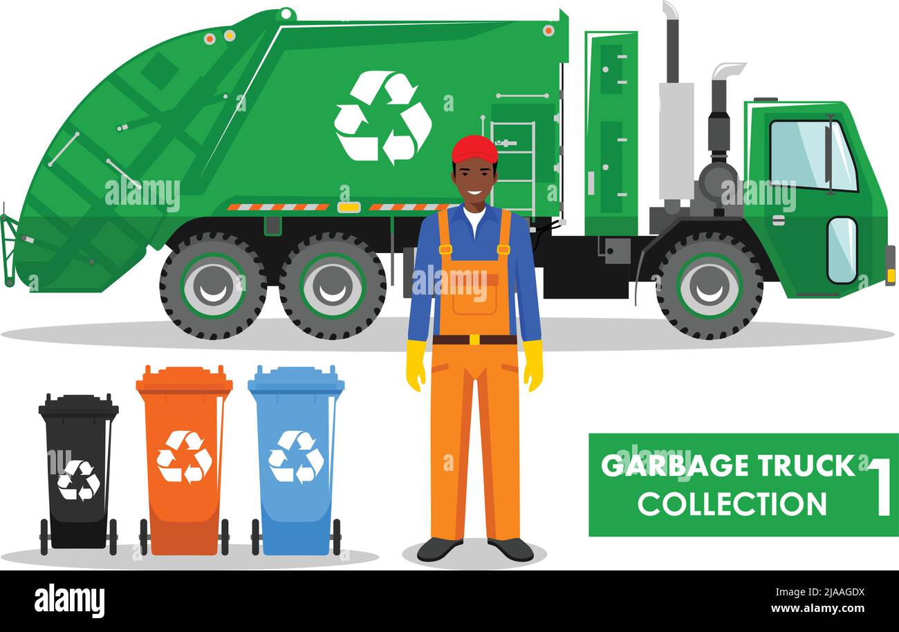 Detailed illustration of garbage man, garbage truck and different types