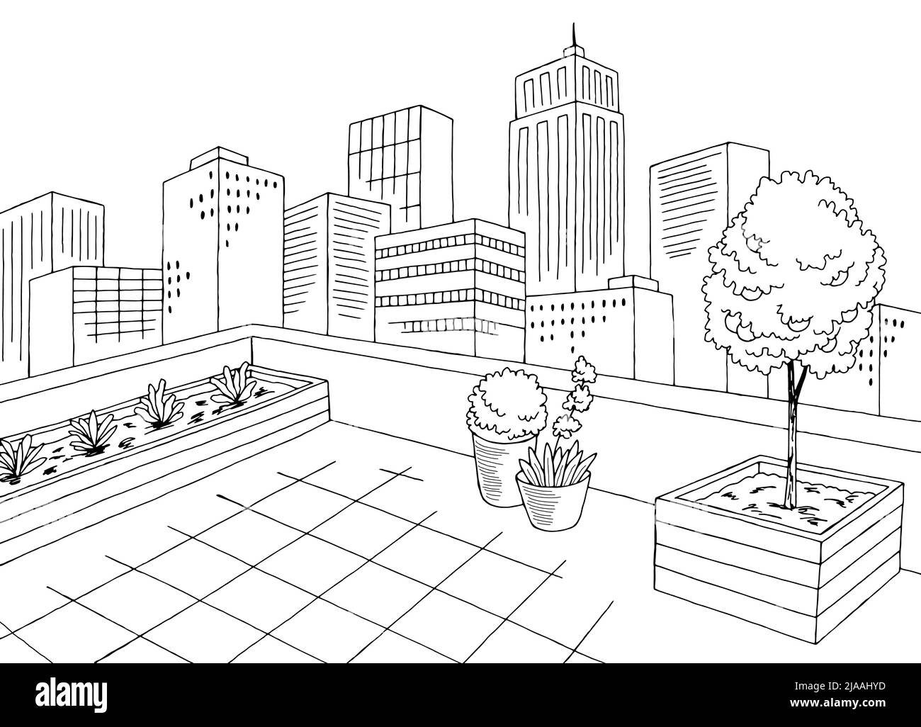 Roof garden city graphic black white interior sketch illustration