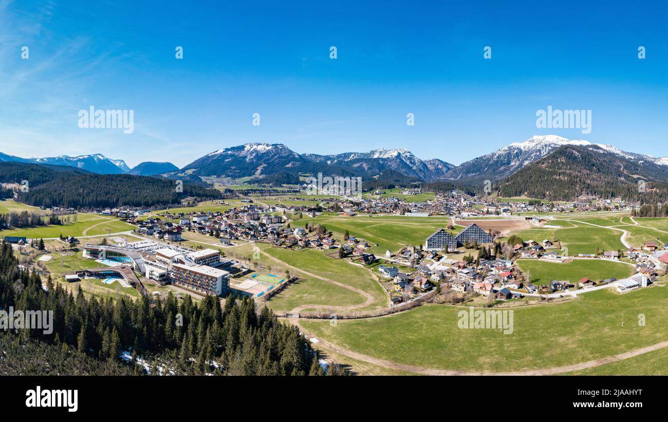 Bad Mitterndorf in Styria during springtime. Scenic aerial panorama of the famous touristic destination in Austria. Stock Photo