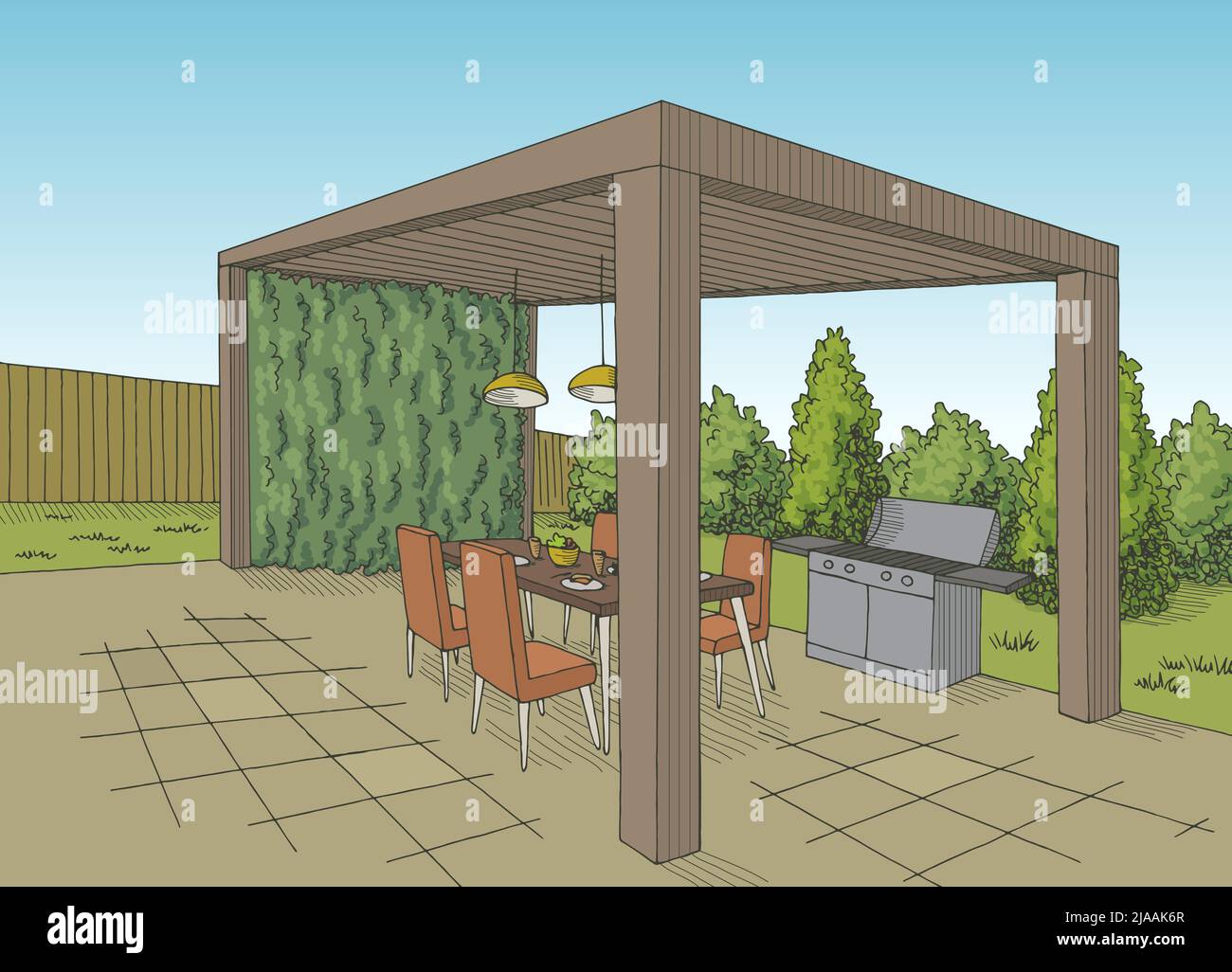 Gazebo garden modern graphic color architect landscape sketch illustration vector Stock Vector