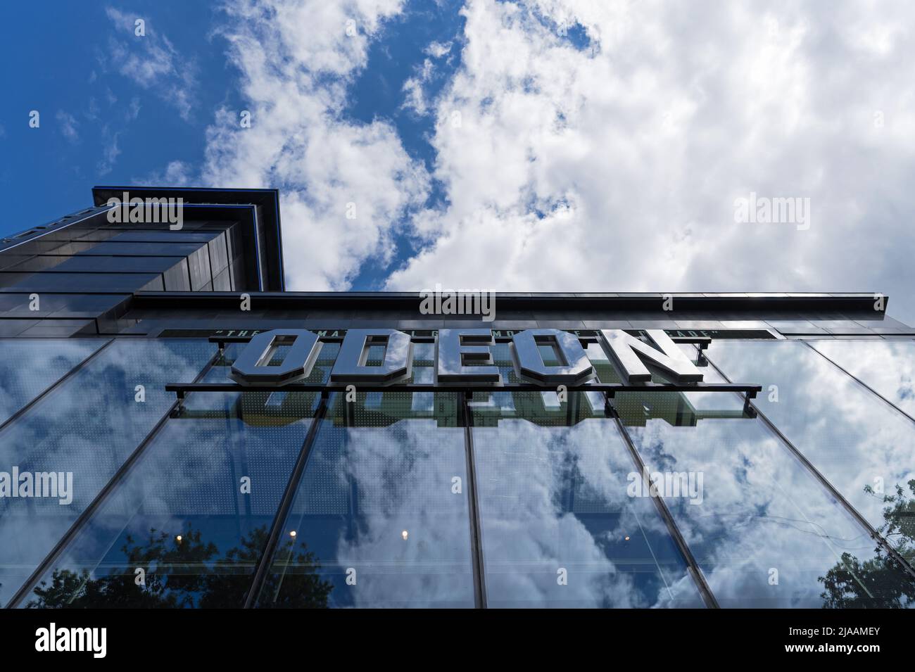 Outside signage of the Odeon Luxe cinema in Leicester Square. London Stock Photo