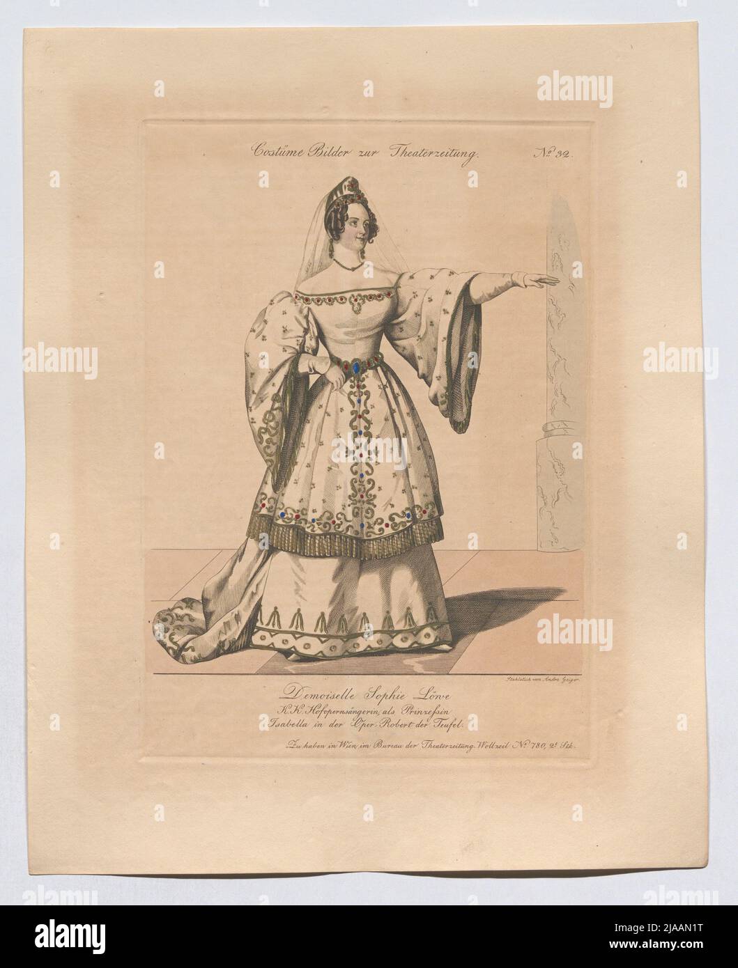 Demoiselle Sophie Löwe as Princess Isabella in the opera 'Robert the Teufel' (costume picture No. 32 for the theater newspaper). Andreas Geiger (1765-1856), Steel Engraver Stock Photo