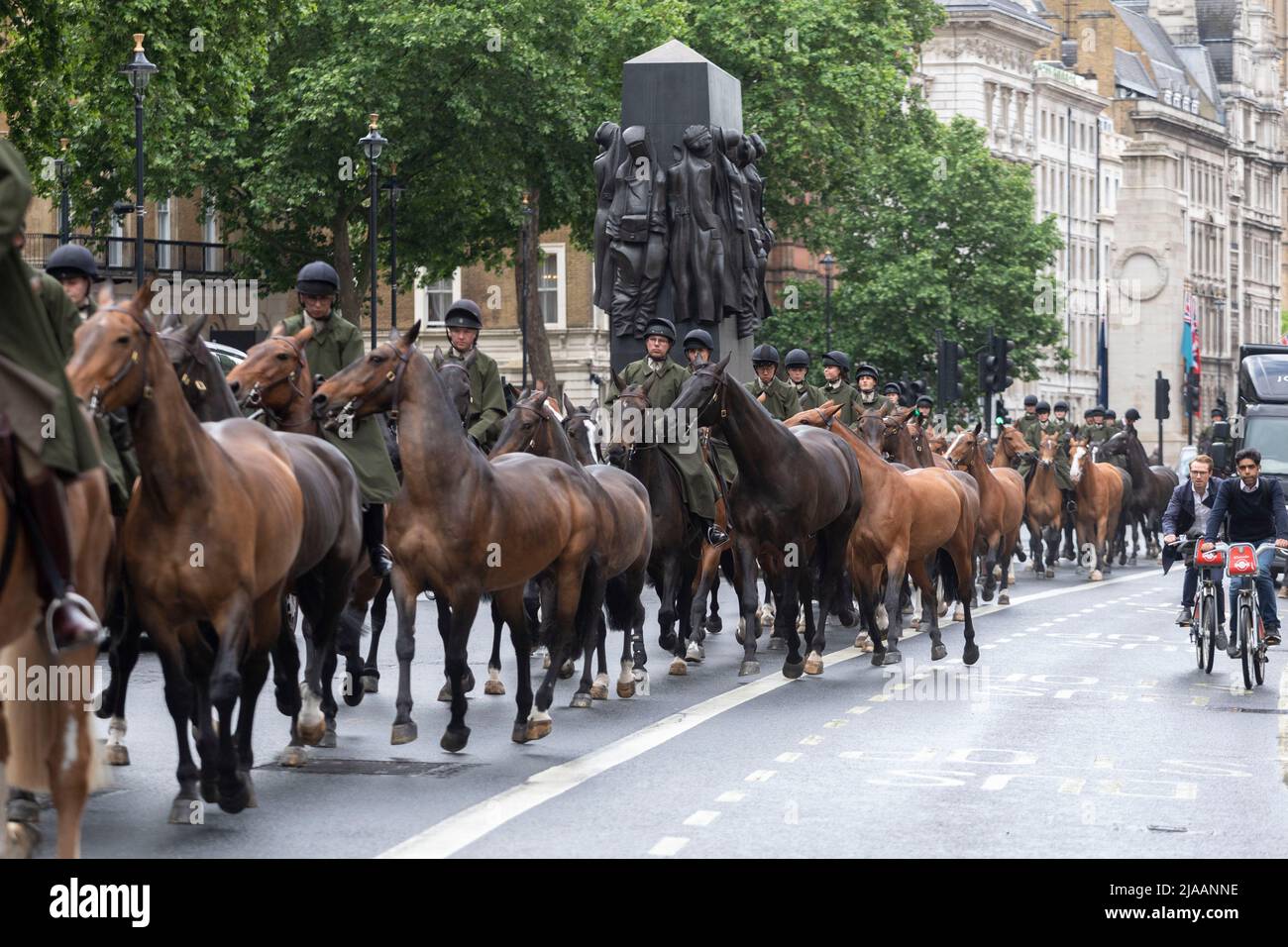 Members of the Household Cavalry seen marching with their horses down Whitehall.  Image shot on the 24th May 2022.  © Belinda Jiao   jiao.bilin@gmail. Stock Photo