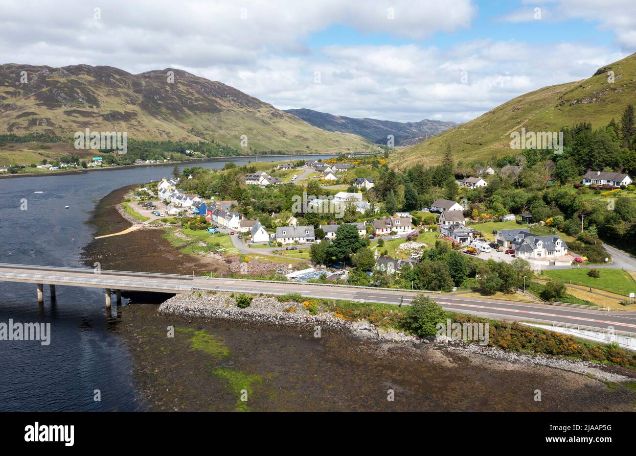 Aerial view of the A 87 road and Dornie village, Ross-shire, the main road to Kyle of Lochalsh and the Isle of Skye. Stock Photo