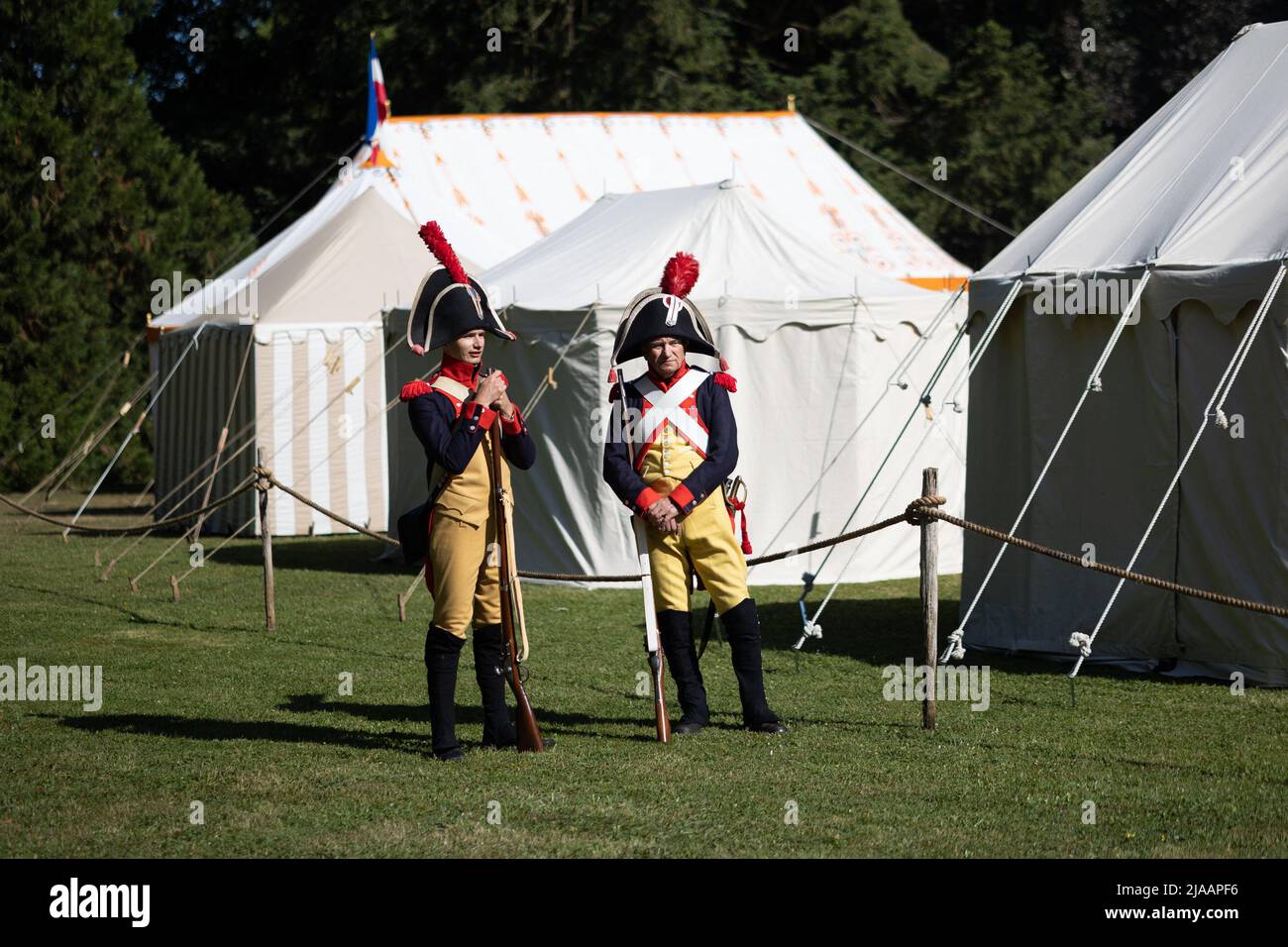 People dressed in period costumes take part in a reconstitution of the Napoleonic era, focused around the Prince Joachim Murat, in the Castle of Montigny-le-Gannelon in Cloyes-les-Trois-Rivieres on May 28, 2022. Photo by Raphael Lafargue/ABACAPRESS.COM Stock Photo