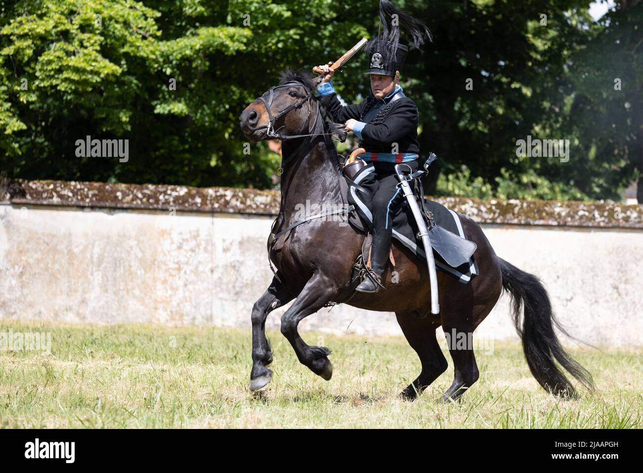 People dressed in period costumes take part in a reconstitution of the Napoleonic era, focused around the Prince Joachim Murat, in the Castle of Montigny-le-Gannelon in Cloyes-les-Trois-Rivieres on May 28, 2022. Photo by Raphael Lafargue/ABACAPRESS.COM Stock Photo