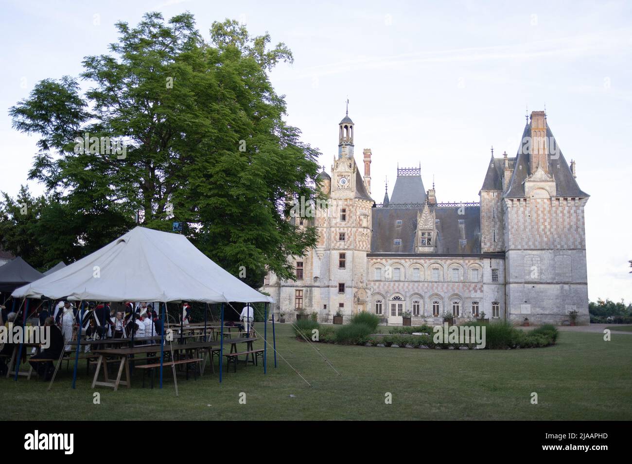 People dressed in period costumes take part in a reconstitution of the Napoleonic era, focused around the Prince Joachim Murat, in the Castle of Montigny-le-Gannelon in Cloyes-les-Trois-Rivieres on May 27, 2022. Photo by Raphael Lafargue/ABACAPRESS.COM Stock Photo