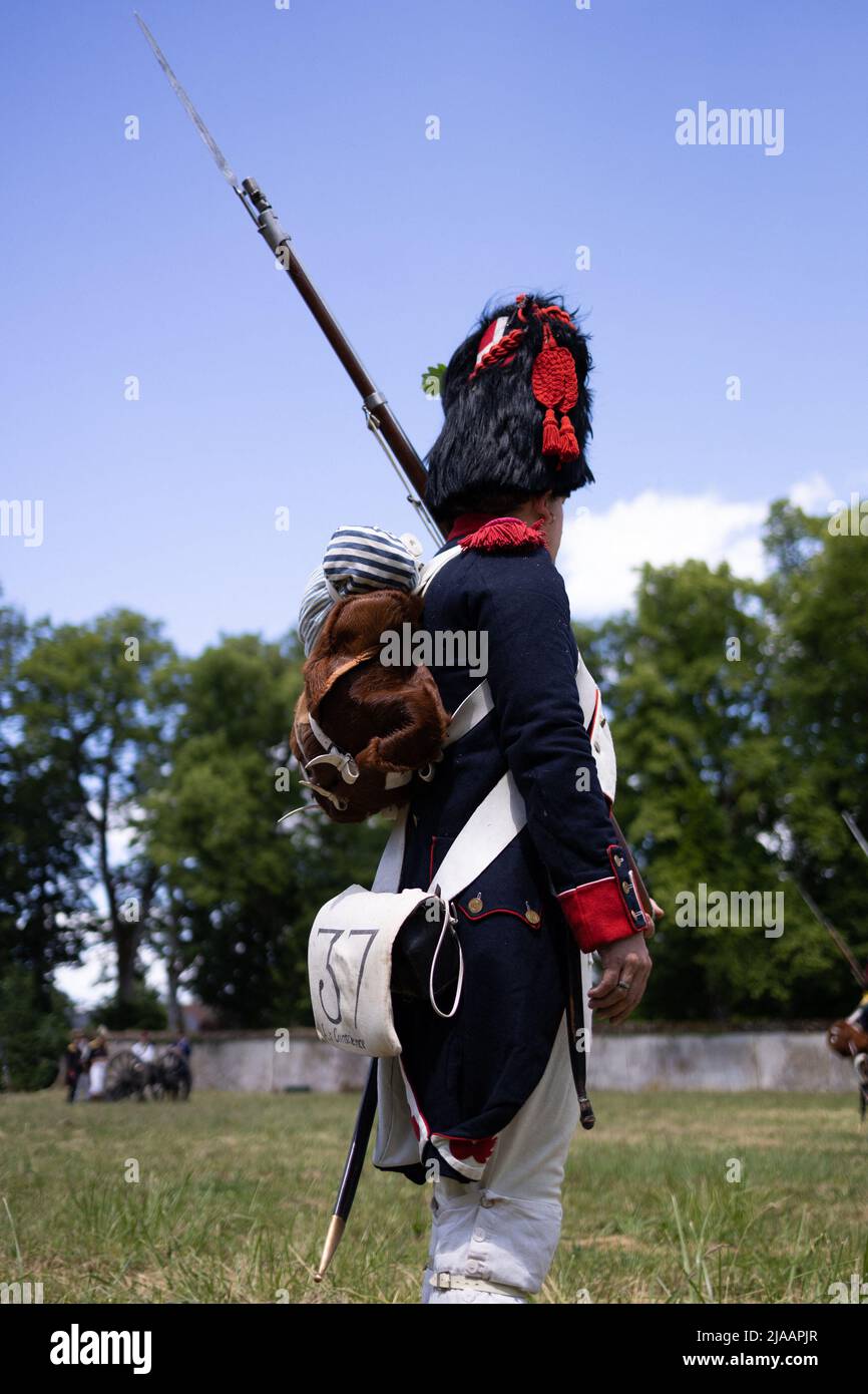 People dressed in period costumes take part in a reconstitution of the Napoleonic era, focused around the Prince Joachim Murat, in the Castle of Montigny-le-Gannelon in Cloyes-les-Trois-Rivieres on May 28, 2022. Photo by Raphael Lafargue/ABACAPRESS.COM Stock Photo