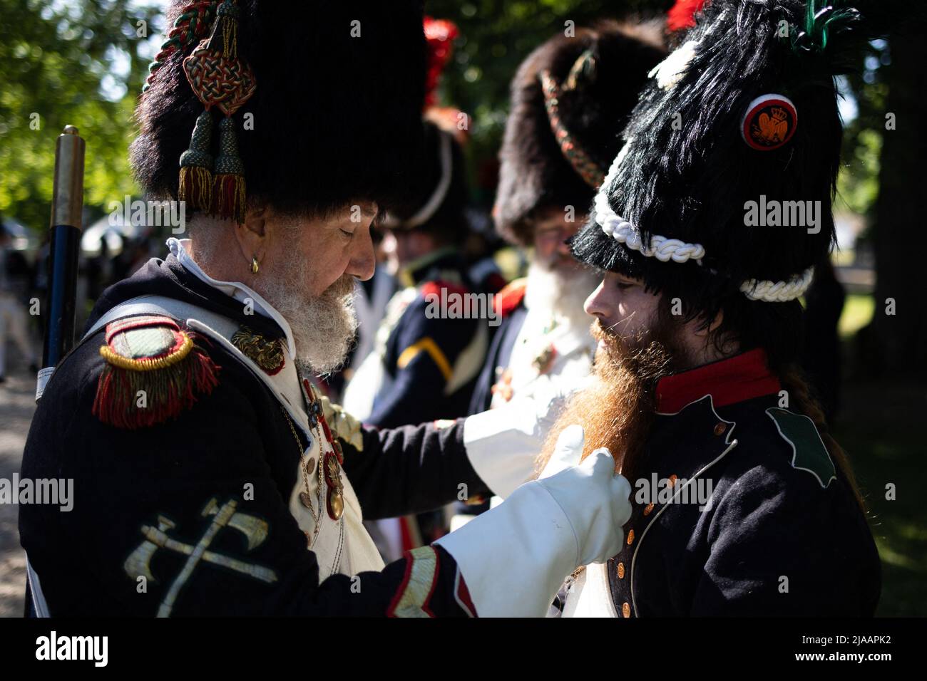 People dressed in period costumes take part in a reconstitution of the Napoleonic era, focused around the Prince Joachim Murat, in the Castle of Montigny-le-Gannelon in Cloyes-les-Trois-Rivieres on May 28, 2022. Photo by Raphael Lafargue/ABACAPRESS.COM Stock Photo