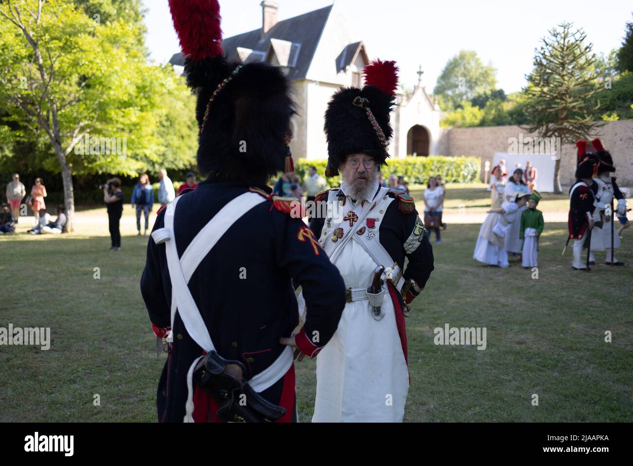 People dressed in period costumes take part in a reconstitution of the Napoleonic era, focused around the Prince Joachim Murat, in the Castle of Montigny-le-Gannelon in Cloyes-les-Trois-Rivieres on May 28, 2022. Photo by Raphael Lafargue/ABACAPRESS.COM Stock Photo